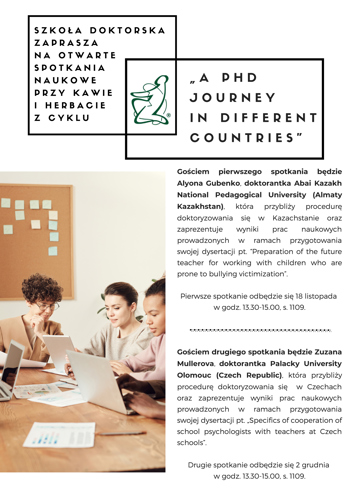 Plakat otwartych naukowych spotkań przy kawie Szkoły Doktorskiej APS