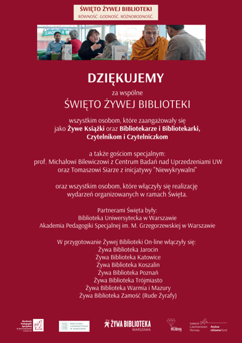 Plakat Żywej Biblioteki z podziękowaniem za uczestnictwo