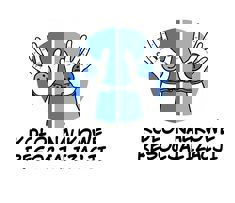 logo koła resocjalizacji, dwie ręce związane kajdankami na niebieskimm tle