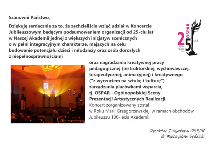 podziękowanie za udział w koncercie OSPAR